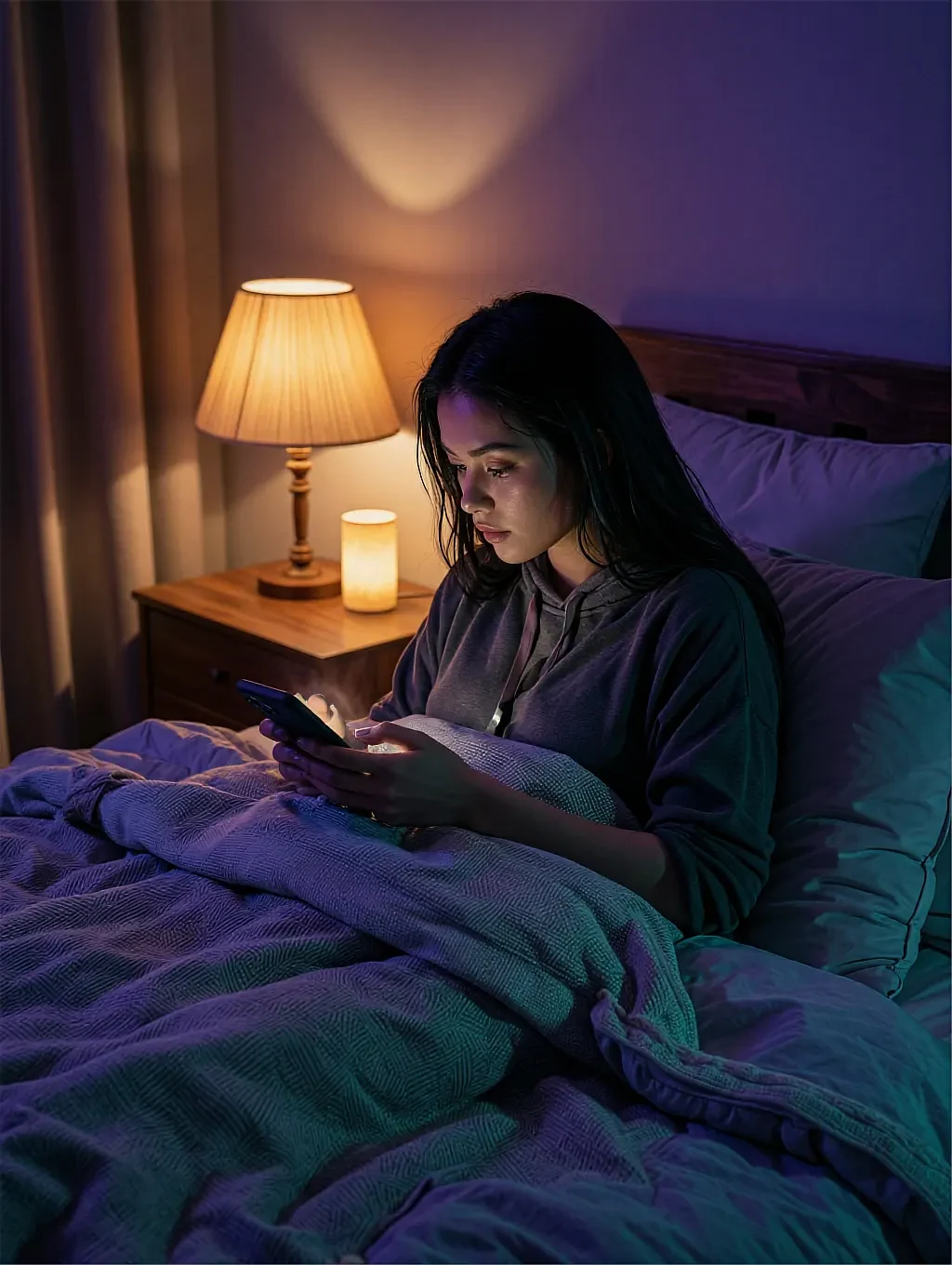 Fictional AI character featured on the fourth landing page, at night
